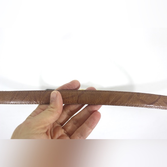 Super Skinny Caramel Brown Leather Belt with Pattern Texture Gold Buckle - Picture 7 of 7